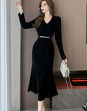 Elegant Black Velvet Mermaid Wedding Dress France V Neck Long Sleeve Slim Waist Party Prom Vestidos Autumn Winter Sexy Robe