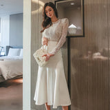 Vintage White Lace Patchwork Midi Dresses for Women Spring Summer New Elegant Party Slim Evening Prom Sexy Female Clothing