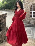 Autumn Elegant Red Hollow Out Evening Dresses for Women V-Neck Lace-up Long Sleeve A-Line Vestidos Vintage Party Dress Long Robe