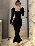 Elegant French Black Long Mermaid Dresses for Women Autumn Winter Square Collar Puff Sleeve High Waist A-Line Vestidos Mujer New