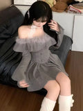 Korean Sweet Mini Dress Sexy Gray Off Shoulder Long Sleeves Lace-up A-Line Party Dresses Y2K Female One Piece Vestidos Mujer New