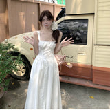 Elegant Beach Party White Midi Dresses for Women Summer New Korean Fashion Casual Sleeveless Slim Flower Female Clothing