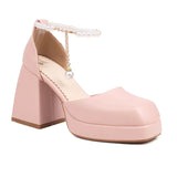 Summer Platform Princess Sandals String Bead Sweet Square Toe High Heels Lolita Fashion Wedding Girls Shoes Pink White