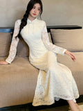 Elegant Hollow Out Lace Cheongsam Dress Chinese Style New Fashion Sexy Slim Wedding Party Dresses Solid Bodycon Vestidos Mujer