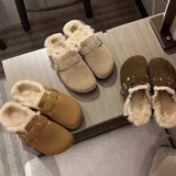 Fur Flats Cotton Slippers Women Slingback Shoes Winter  New Trend Fashion Cozy Home Flip Flops Short Plush Warm Botas Mujer