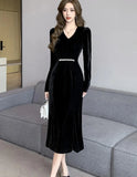 Elegant Black Velvet Mermaid Wedding Dress France V Neck Long Sleeve Slim Waist Party Prom Vestidos Autumn Winter Sexy Robe