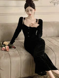 Elegant Velvet Womens Dresses Spaghetti Straps Long Sleeve Luxurious Evening Party Midi Dress Autumn Split Bodycon Vestidos New