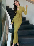 Sexy Bodycon Knitted Skirt Suits for Women Elegant V-Neck Long Sleeve Pleated Top Solid Skirt 2 Pieces Set Korean New Vestidos