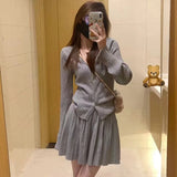 Y2K Mini Pleated Knitted Skirt Suits Women Autumn Chic Suit Elegant V-Neck Long Sleeve Cardigan Korean Solid Two-piece Sets New