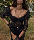 Yiallen Y2k Fashion Party Vacation Beach Sexy Black Lace Long Dress Women's Spring Quarter Sleeve Mid-Calf Dresses Clubwear