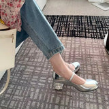 Shoes for Woman Rhinestone Women's Summer Footwear with Medium Heels Silver Crystals Pearl Gothic Mary Jane Round Toe A E L