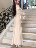 Elegant Solid Wedding Dresses for Women Long Sleeve Off Shoulder A-Line Party Prom Vestidos Female Fashion Long Robe Clothes New