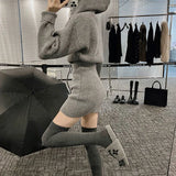 Streetwear Knitted Mini Dress Women Hooded Sweater A Line Dresses Winter Korean Solid High Waist Slim Casual Vestidos New