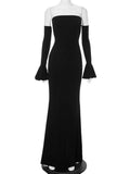 Black Slim Ruffled Long Dress Women's Backless High Waist Off-Shoulder Patchwork Long Sleeve Party Dress Ladies Maxi Dress