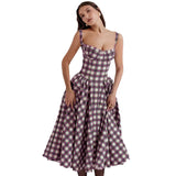 Palace Style Plaid Print A-line Dress Women Spaghetti Strap Spring Summer Dress Elegant Midi Long Party Dresses