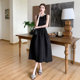 Elegant Black Midi Dress for Women Summer New Fashion Sleeveless A-line Pleated Solid Office Casual Korean Female Clothing