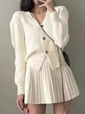 Y2K Casual Knitted 2 Piece Set Single Breasted V-neck Top High Waist Mini Pleated Skirt Korean Fashion Solid Outfits Autumn  New