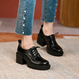 Spring New Genuine Leather Platform Shoes Casual Round Toe Shoes Woman Chunky Heel Lace-up Winter Women Shoes Zapatos Mujer