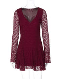 Lace Hollow Out Long Sleeve Sexy Mini Dress For Women Fashion V Neck Wine Red High Waist Club Elegant Dress New Dresses