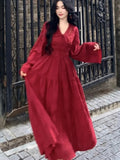 Autumn Elegant Red Hollow Out Evening Dresses for Women V-Neck Lace-up Long Sleeve A-Line Vestidos Vintage Party Dress Long Robe