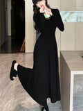 Women's Solid Maxi Dress Casual Korean Chic Long Sleeve U-Neck Slim Fit A-Line Autumn Sexy Prom Robe Vestidos Mujer New Clothes