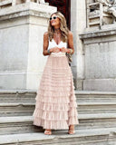 New Casual Womens Solid Ball Gown Long Skirt Tulle High Waist Pleated Elegant Ladies Wild Mesh Dating Maxi Skirts Drop