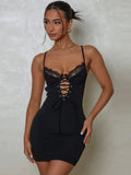 Black Hollow Out Lace Mini Dress For Women Robe Spaghetti Strap Sleeveless Backless Bodycon Club Party Sexy Dress