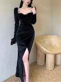 Bodycon Sexy Party Dresses Women Winter Black Evening Elegant Long Dress Ladies France Vintage Split Fishtail Vestidos Autumn