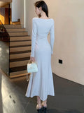 Autumn Korean Solid Knitted Dress for Women Elegant Square Collar Long Sleeves Slim Bodycon Vestidos Evening Party Prom Robe New