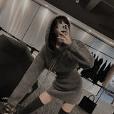 Streetwear Knitted Mini Dress Women Hooded Sweater A Line Dresses Winter Korean Solid High Waist Slim Casual Vestidos New