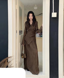 Brown Pleate Elegant 2 Piece Sets Women Outfit V Neck Long Sleeve Cardigan Top And Maxi Skirt Set Fall Clothes