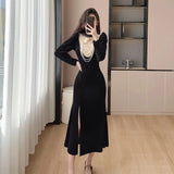 Autumn Elegant Black Velvet Dresses for Women Long Sleeve Stand Collar Mermaid Evening Party Dress Prom Robe Vestidos Mujer New