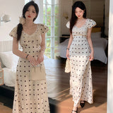 Elegant Party Lace Patchwork Satin Midi Dresses for Women Summer New Korean Casual Fashion Sweet Polka Dots Female Clothing