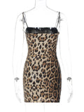 Spaghetti Strap Leopard Print Mini Dress For Women New Fashion Sleeveless Backless Skinny Night Club Party Sexy Dress