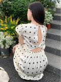 Elegant Party Lace Patchwork Satin Midi Dresses for Women Summer New Korean Casual Fashion Sweet Polka Dots Female Clothing