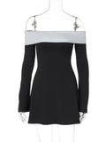 Off-shoulder Long Sleeve Mini Dress For Women Autumn Winter New Patchwork Strapless Backless A-line Sexy Dress Elegant