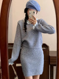 Elegant Knitted Skirt Sets for Women 2 Pieces Autumn Sweet Patchwork Long Sleeve Pullover Top Straight Skirt Female Outfits New