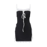 Sexy Cross Bandage Patchwork Mini Dress Y2K Streetwear Spaghetti Straps Low-cut Dresses Summer Casual Party Vestidos