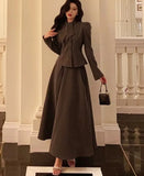 Vintage Chic Two-piece Skirt Set Women Long Sleeve Top Fishtail Midi Skirt Autumn Solid Korean Fashion Outfits Female Clothing