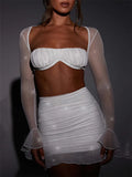 Glitter Mesh Sexy Dress Set Women Strapless Flare Sleeve Crop Top And Mini Skirt Sets Club Party Sparkle Two Piece Set