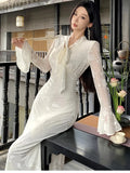 Elegant Flare Sleeve Long Dresses for Women New Autumn V-Neck Slim Wedding Runway Party Lace Vestidos Vintage Clothing Long Robe