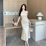 Elegant Gown Evening Party Velvet Midi Dresses for Women Autumn New Sexy V-neck Sleeveless Vintage Slip Mermaid Female Clothing