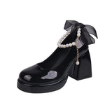 Lolita Shoes Women Japanese Mary Jane Heeled Shoes Women Retro Pearl Bow Ankle Strap High Heel Platform Shoes Chaussure Femme