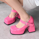 Pink Black Red Heeled Women Pumps Mary Janes Shoes Square Toe White High Heels Female Working Party Dance Shoes Spring