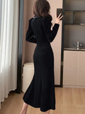 Autumn Elegant Black Velvet Dresses for Women Long Sleeve Stand Collar Mermaid Evening Party Dress Prom Robe Vestidos Mujer New