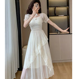 Elegant Fashion Casual Ruffle Midi Dresses for Women Summer New Korean Style Chic Short Sleeve Chiffon Pink Female Clothing