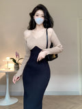 Vintage Long Sleeve Knitted Sweater Midi Dresses for Women Autumn Winter Elegant Party Korean Sexy Bodycon Female Clothing