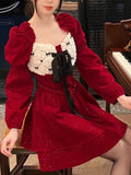 Sweet Velvet Dress for Women Elegant Square Collar Long Sleeves Christmas Birthday Party Dresses Female Prom A-Line Vestidos New