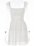 Elegant White Lace Strap Mini Dress For Women Fashion Sleeveless Backless Loose Sexy Short Dresses Vestido Clubwear