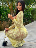 Sexy Lace Hollow Out Long Sleeved Tight Dress For Women Perspective Bodycon Female Vestidos Summer New Party Nightclub